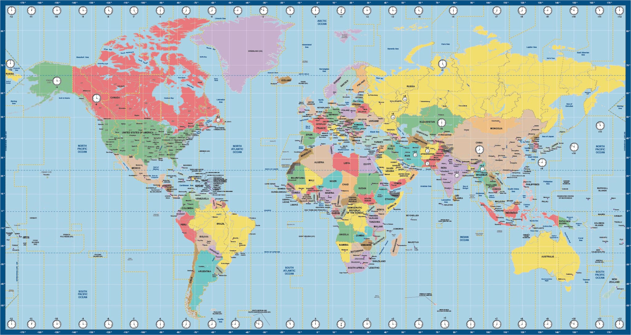 World Map US Time Zone Miller Map