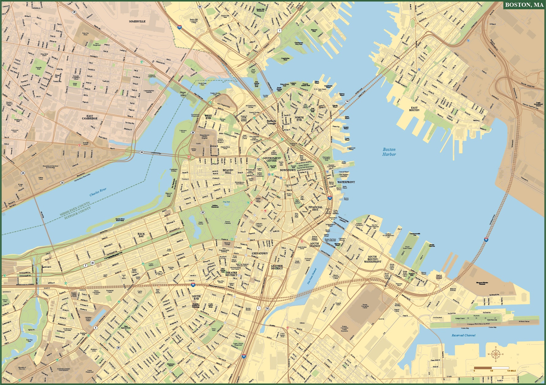Boston Map With Local Streets In Adobe Illustrator Vector Format Map ...