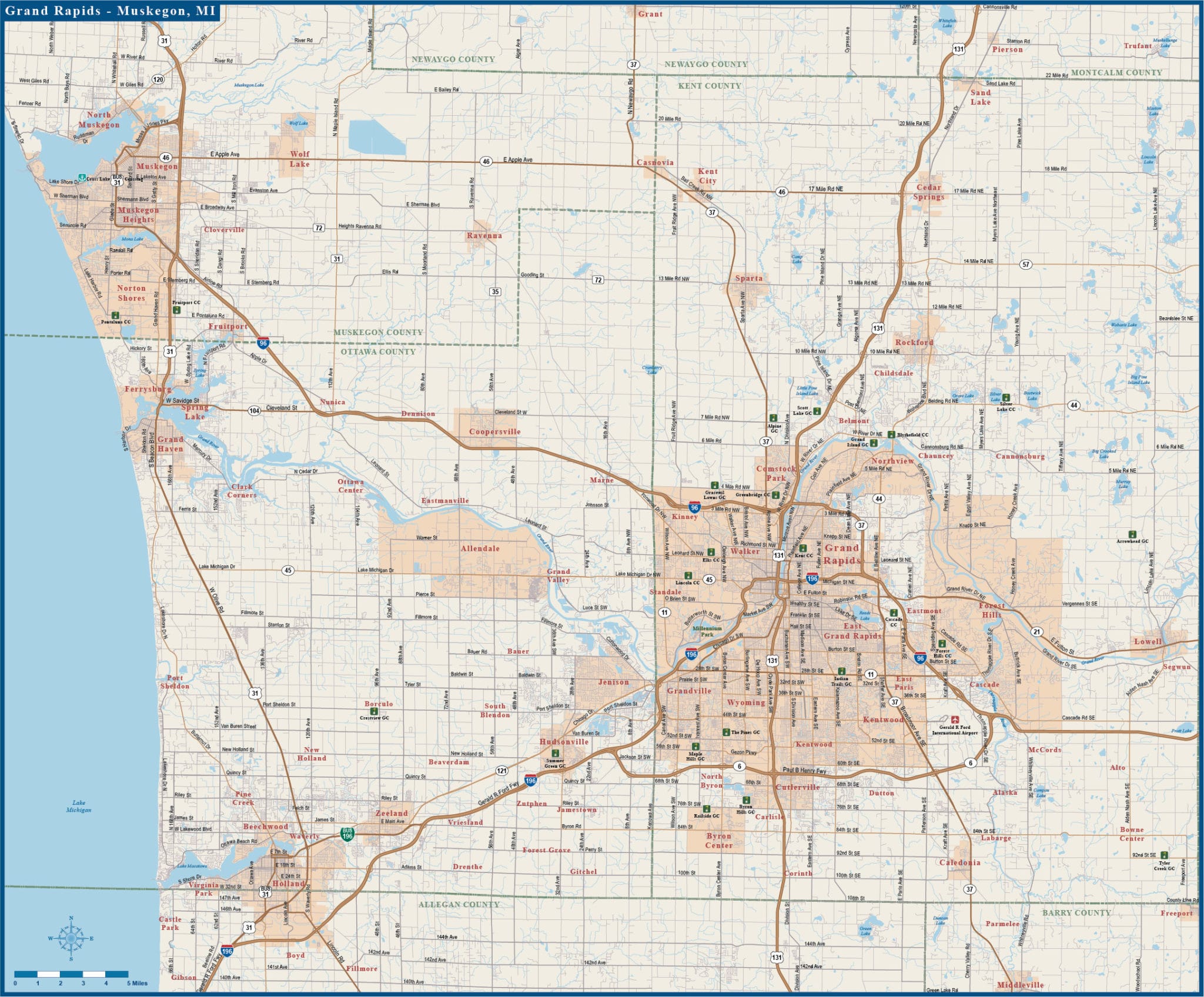 Grand Rapids To Muskegon Metro With Local Roads Map1 