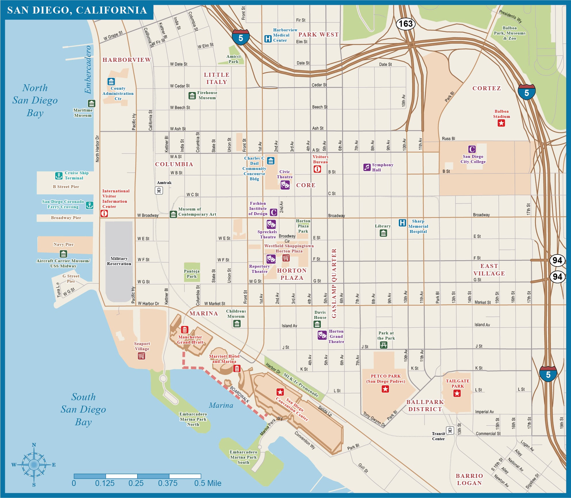 San Diego Downtown Map Digital Vector Creative Force - vrogue.co